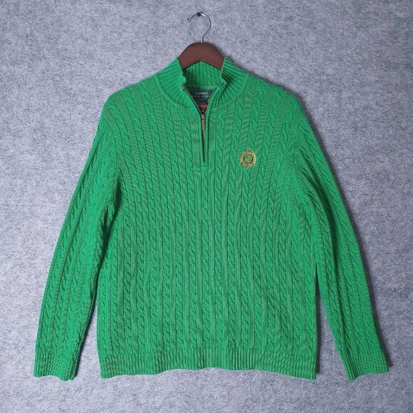RALPH LAUREN Green Cable Knit Embroidered Crest 1/4 Zip Pullover Sweater Large - Picture 3 of 8